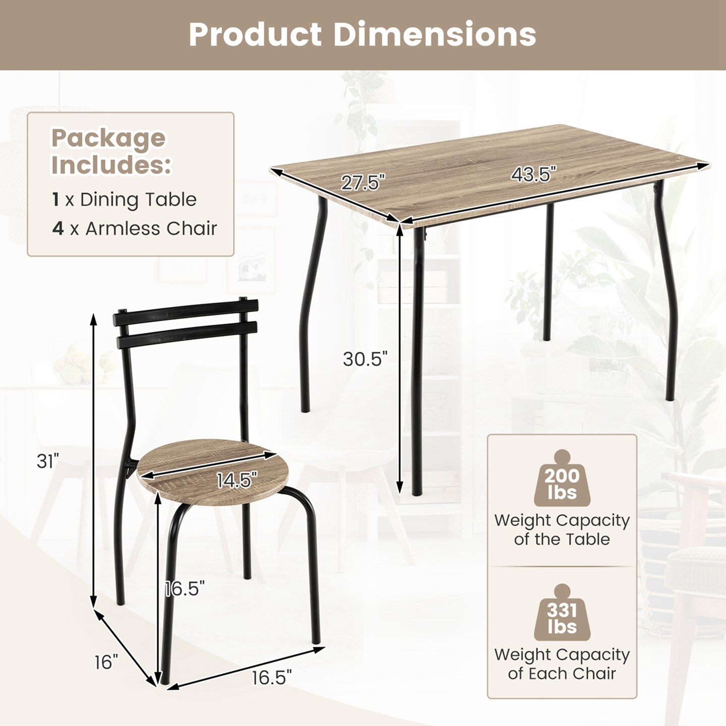Costway 5PCS Dining Table Set 4 Chairs Wood &#x26; Metal Frame Space-saving Kitchen Furniture