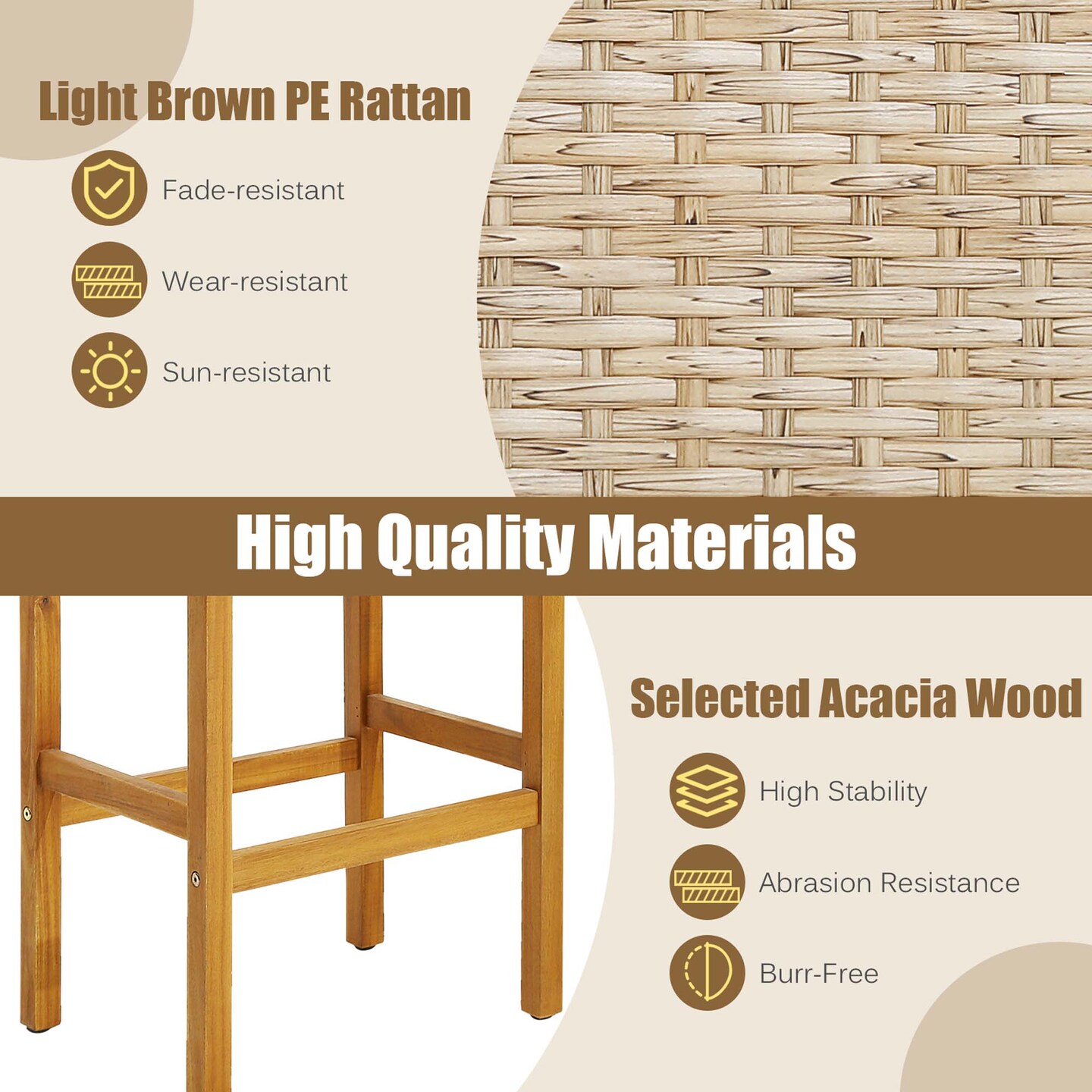 Costway 2PCS/4PCS Patio PE Wicker Bar Stools with Acacia Wood Frame Bar Height Chairs Poolside