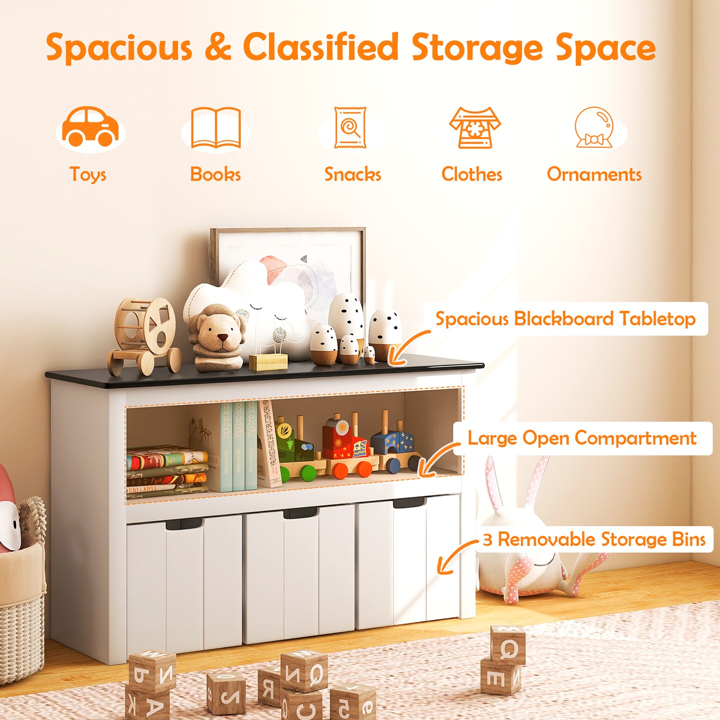 Costway Kids Toy Storage Organizer Wooden Bookshelf with 3 Drawers Hidden Wheel Blackboard