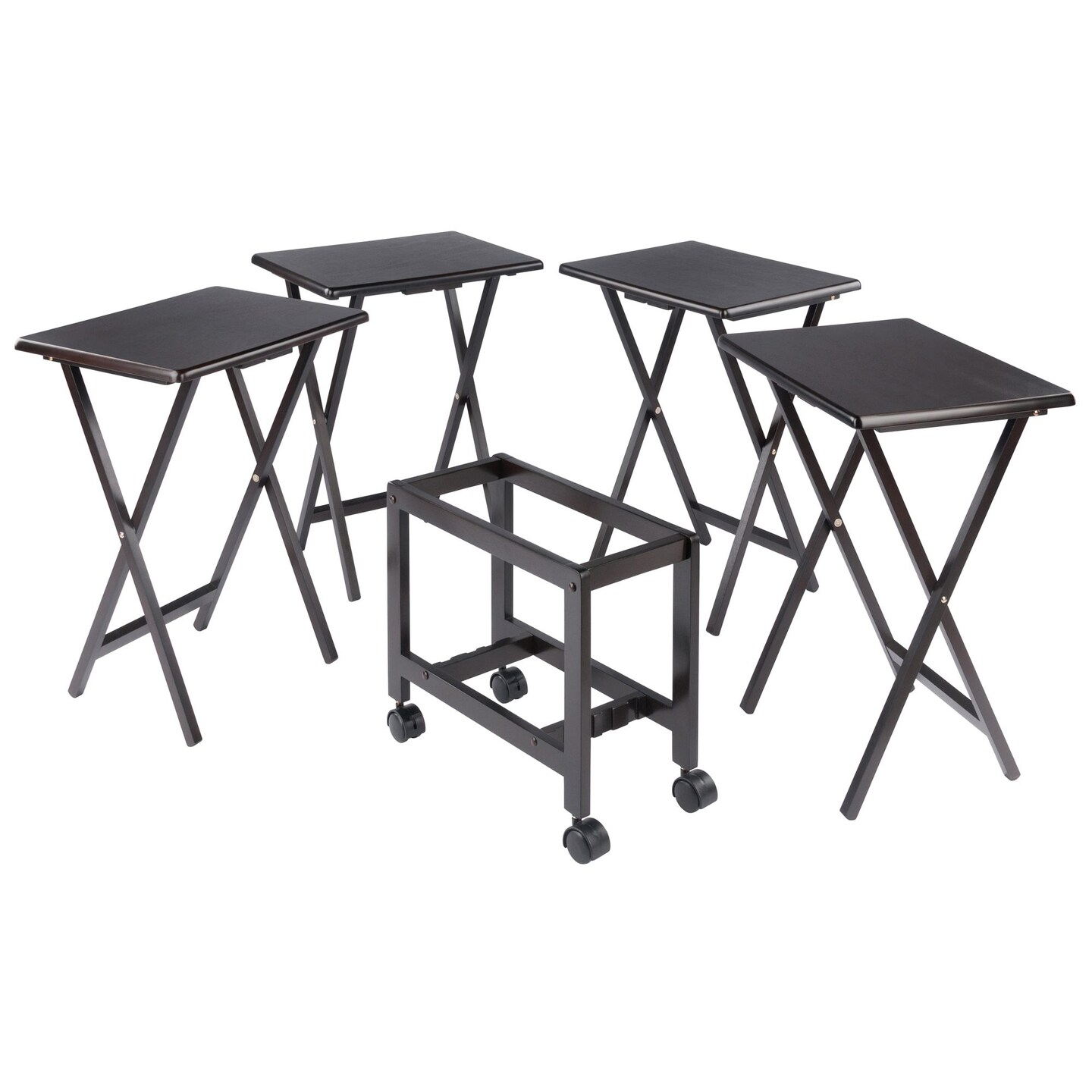 Contemporary Home Living 5 Pc Foldable Snack Table Set with Rolling Rack - 32&#x22; - Coffee