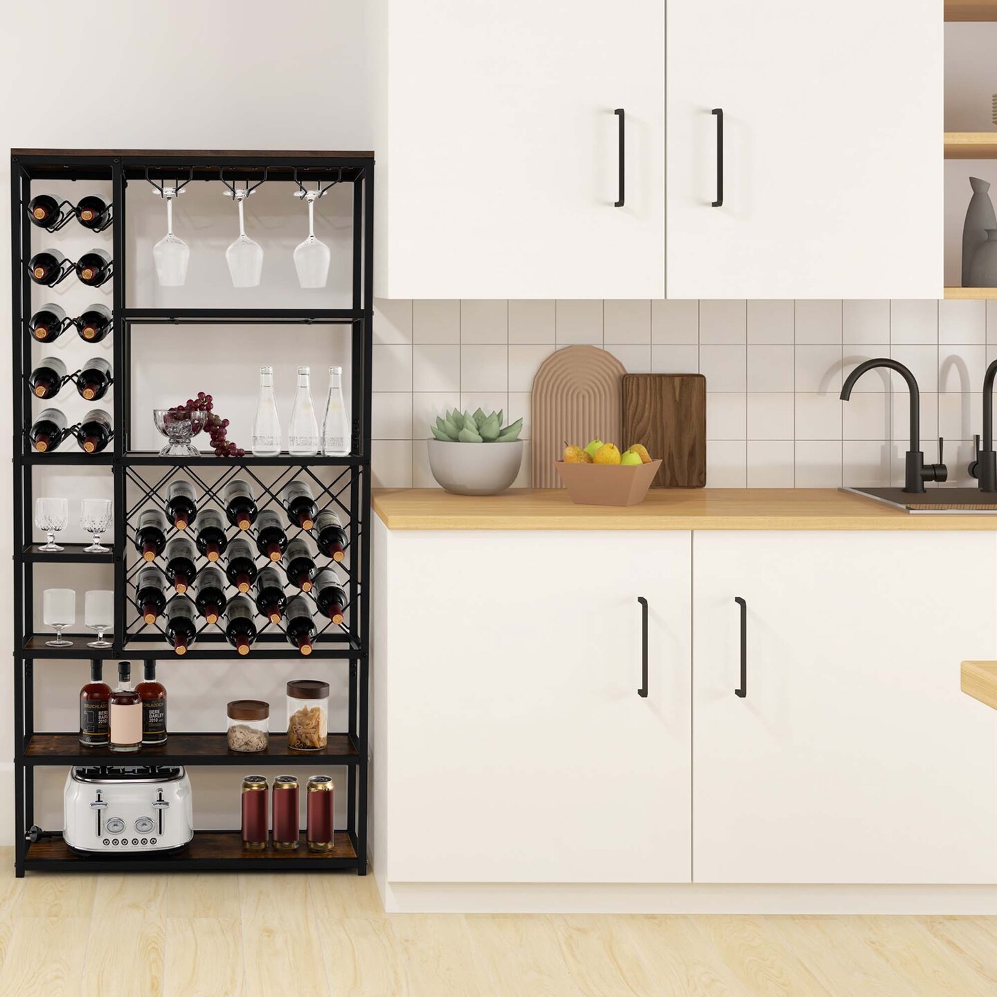 Costway Industrial Wine Rack Multi-purpose Freestanding Bakers Rack with Glass Holder