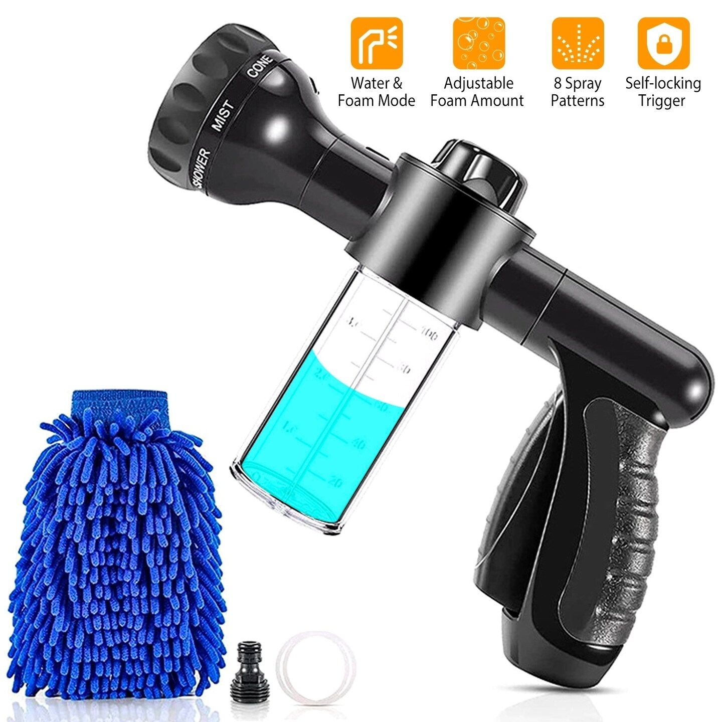 8 In 1 Foam Garden Hose Nozzle Sprayer Blue High Pressure With Soap Dispenser