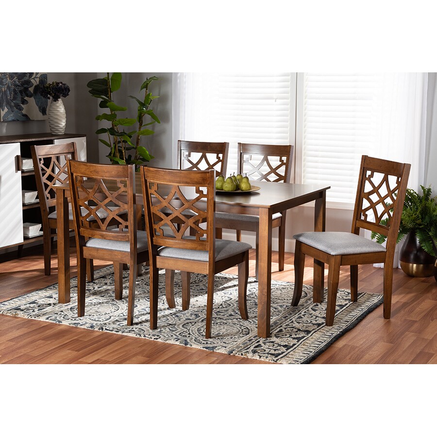 Wholesale Interiors Baxton Studio Mael Modern and Contemporary Grey Fabric Upholstered and Walnut Brown Finished Wood 7-Piece Dining Set
