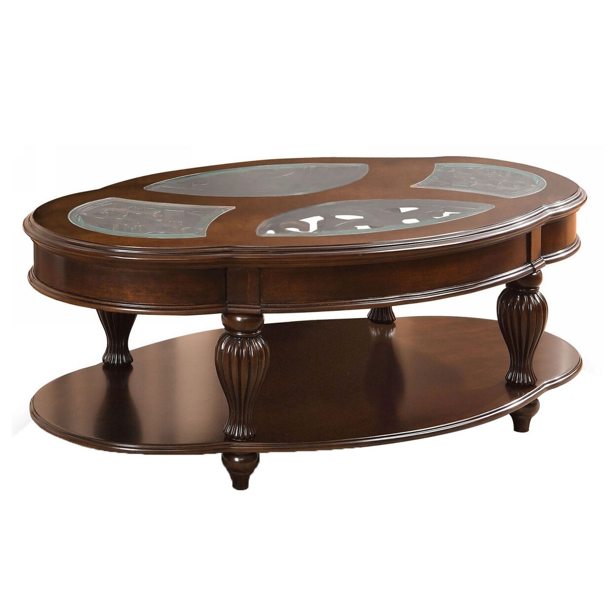 Saltoro Sherpi 54 Inch Classic Coffee Table, Glass Insert Top, Reeded Legs, Bottom Shelf-