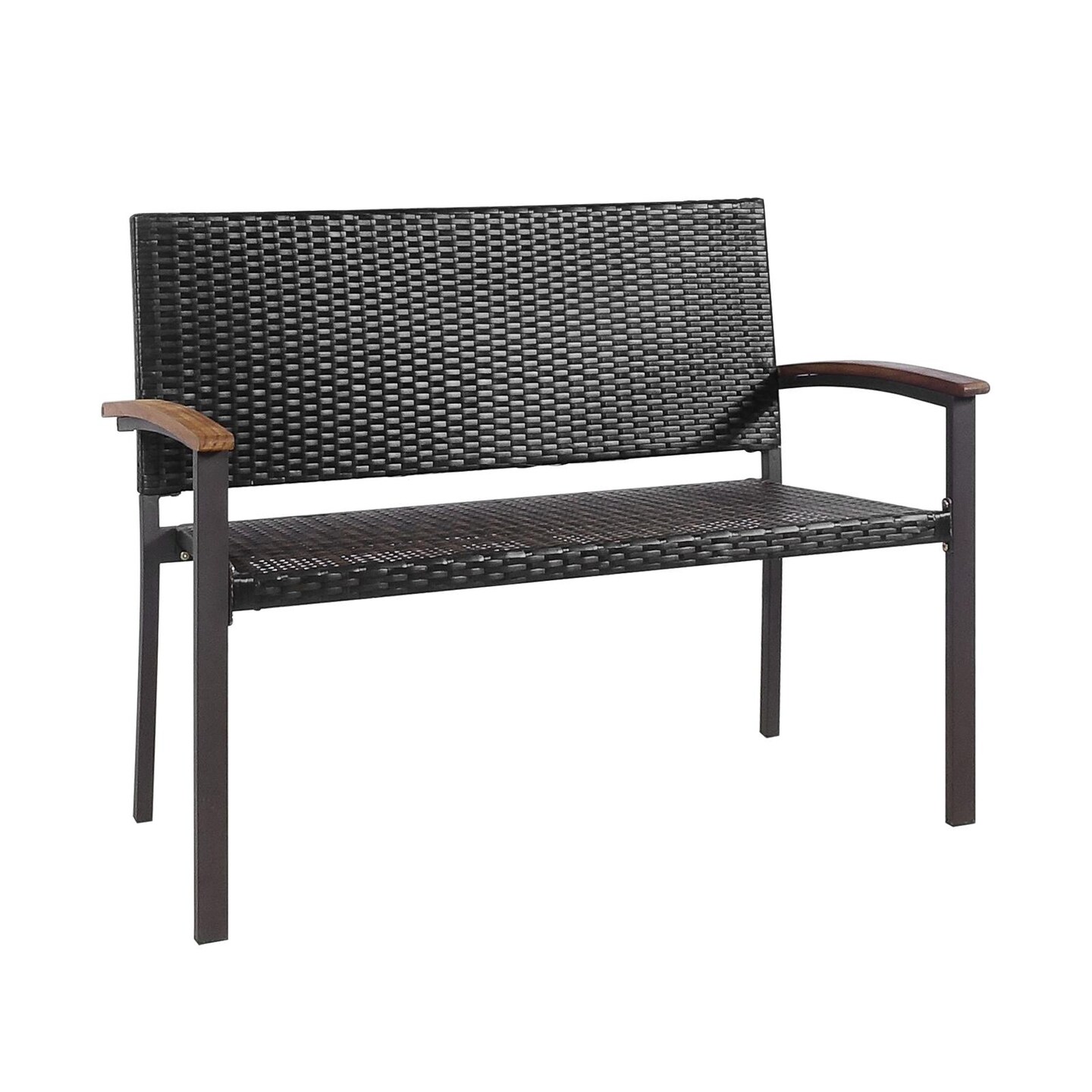 Rattan Patio Seating Bench with Steel Frame and Wood Arms Brown