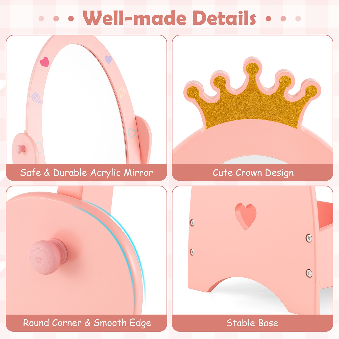 Costway Kids Full Length Mirror Free-Standing 360° Dressing Wooden Princess Storage Pink