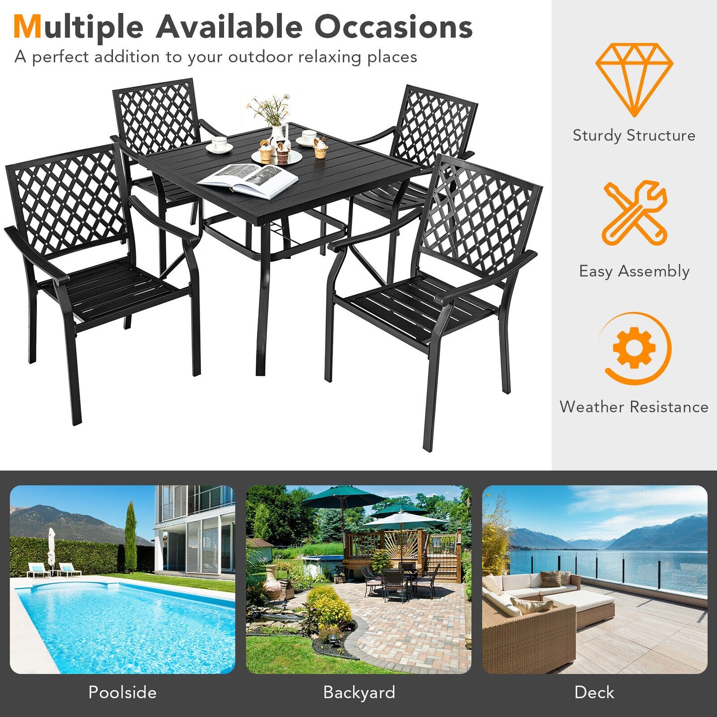 3 pieces Patio Dining Set Stackable Chairs Armrest Table with Umbrella Hole