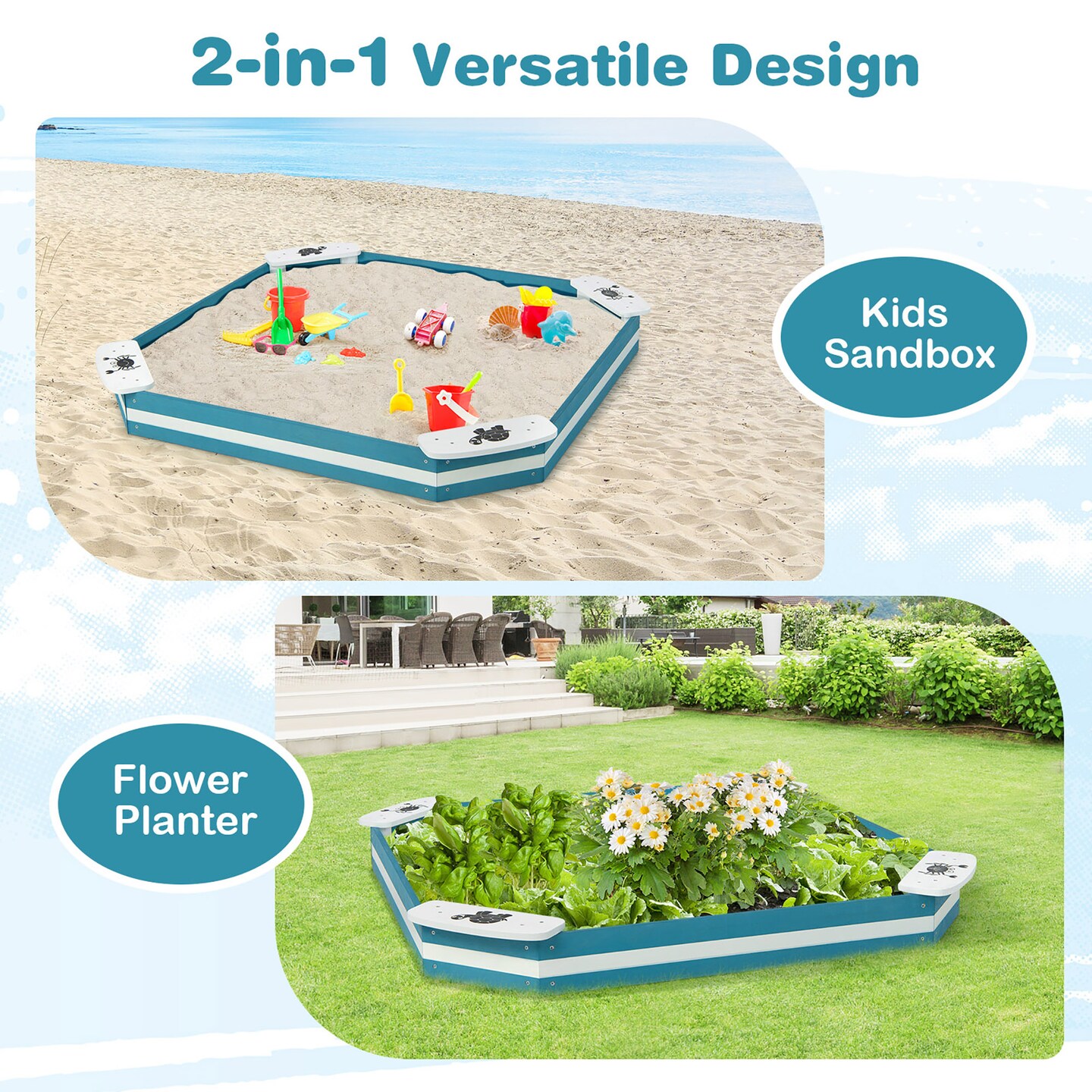 Costway Outdoor Wooden Sandbox with Animal Patterns Seats Backyard Bottomless Sandpit