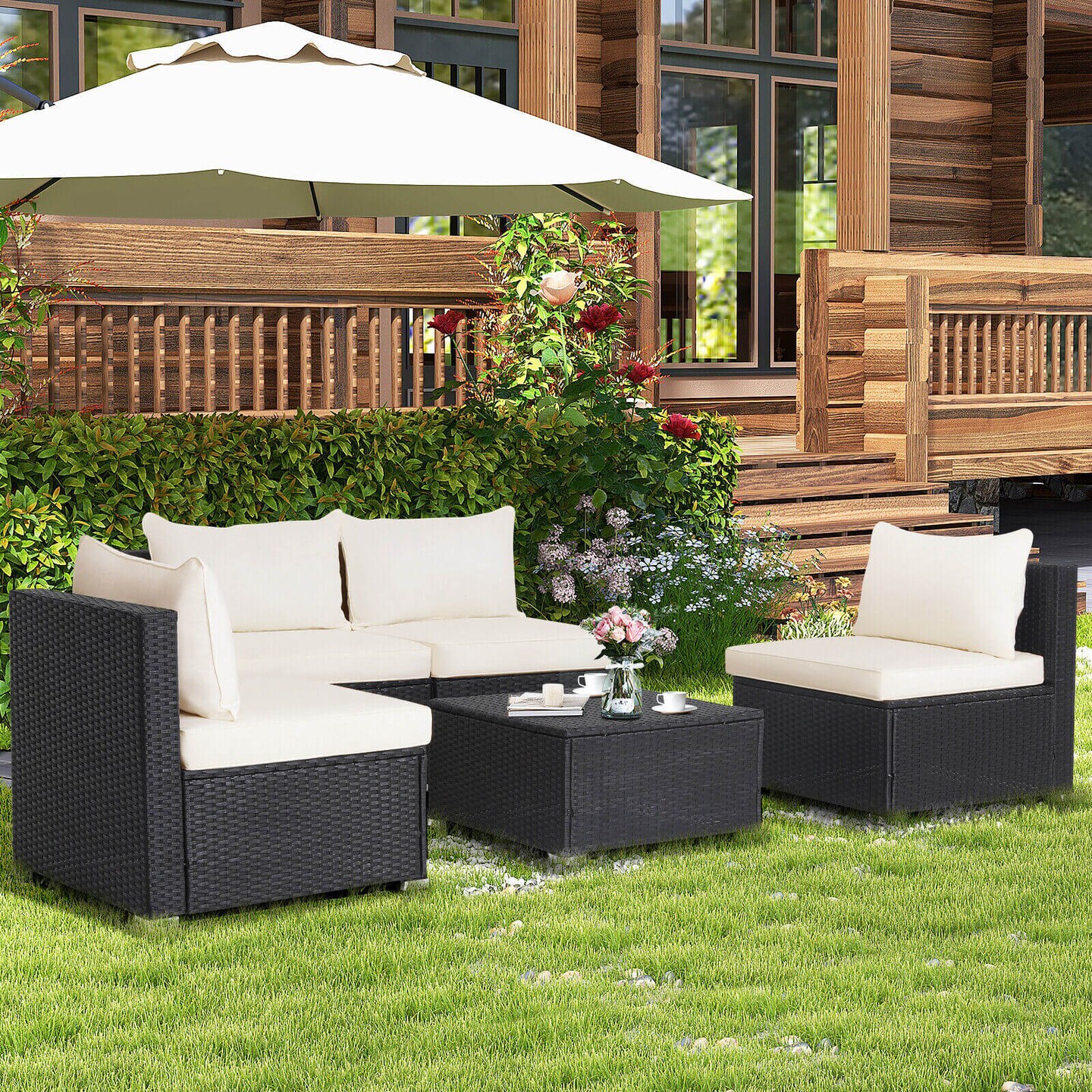 5-Piece Rattan Patio Conversation Set with Cushions Black and Off White