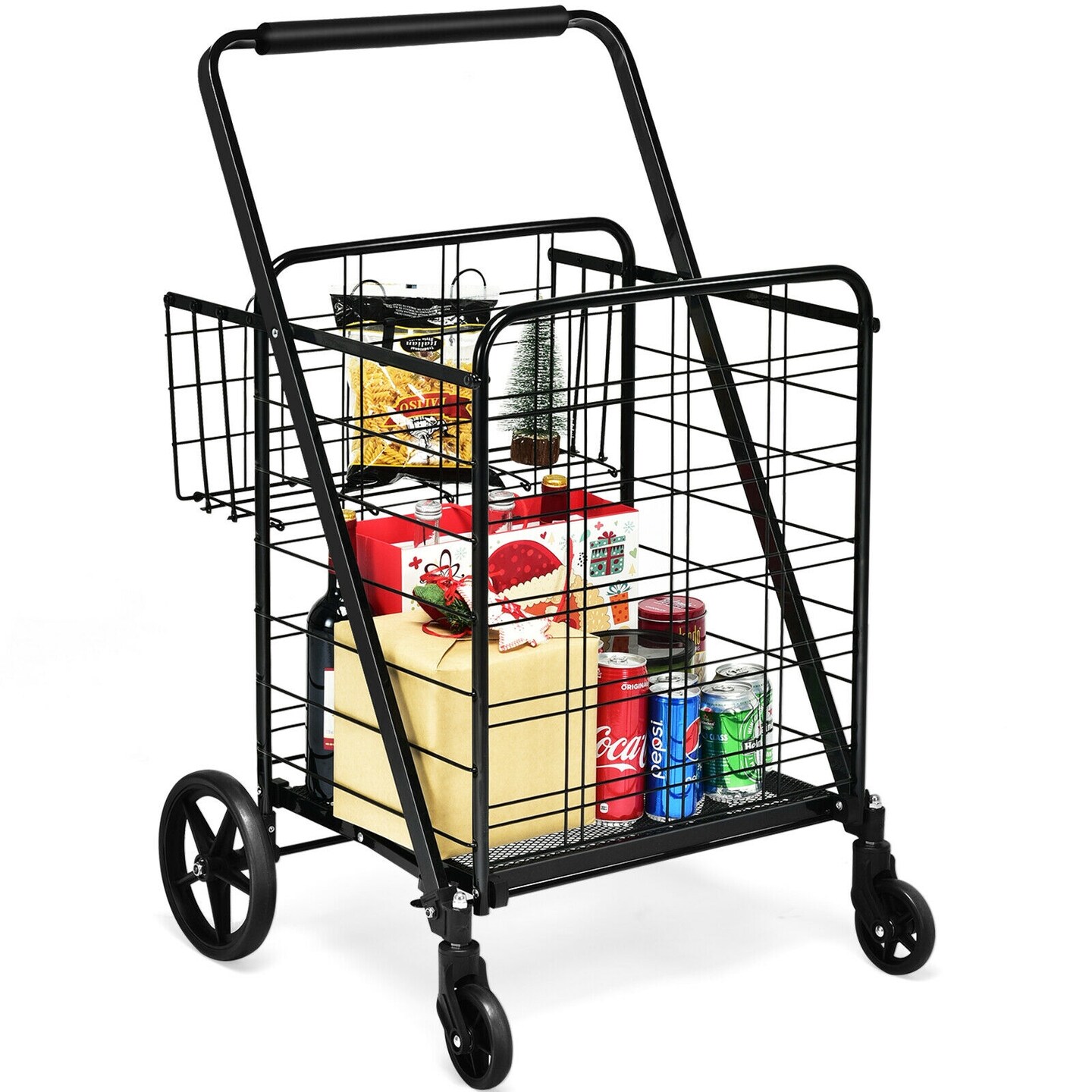 Heavy Duty Steel Folding Utility Shopping Double Cart with Mesh Base and Sturdy Rod