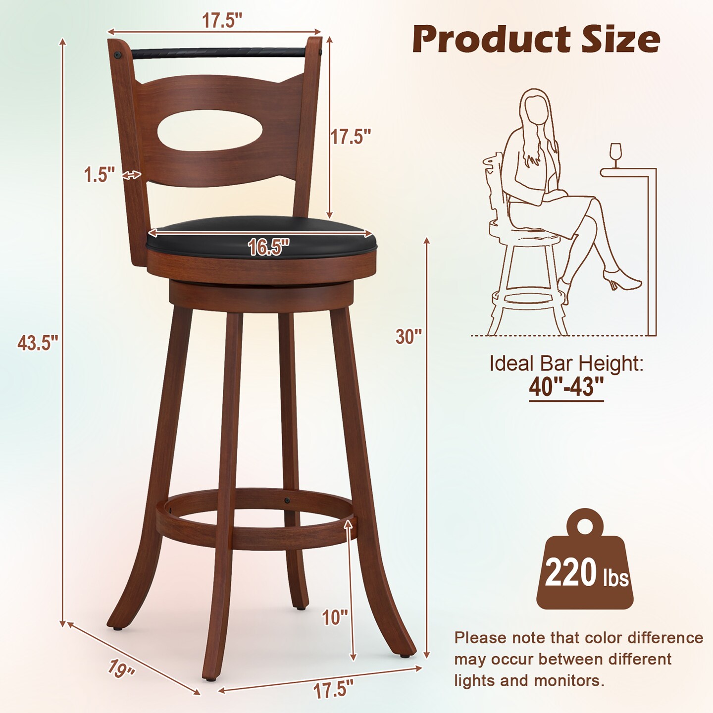 Costway Set of 2 Bar Stools 360&#xB0; Swivel Dining Chairs Solid Rubber Wood Leather Padded Seat Counter Height