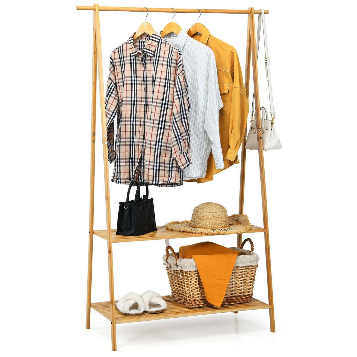 Wicker Clothes Hanging Rack with 2-Tier Storage Shelf for Entryway Bedroom