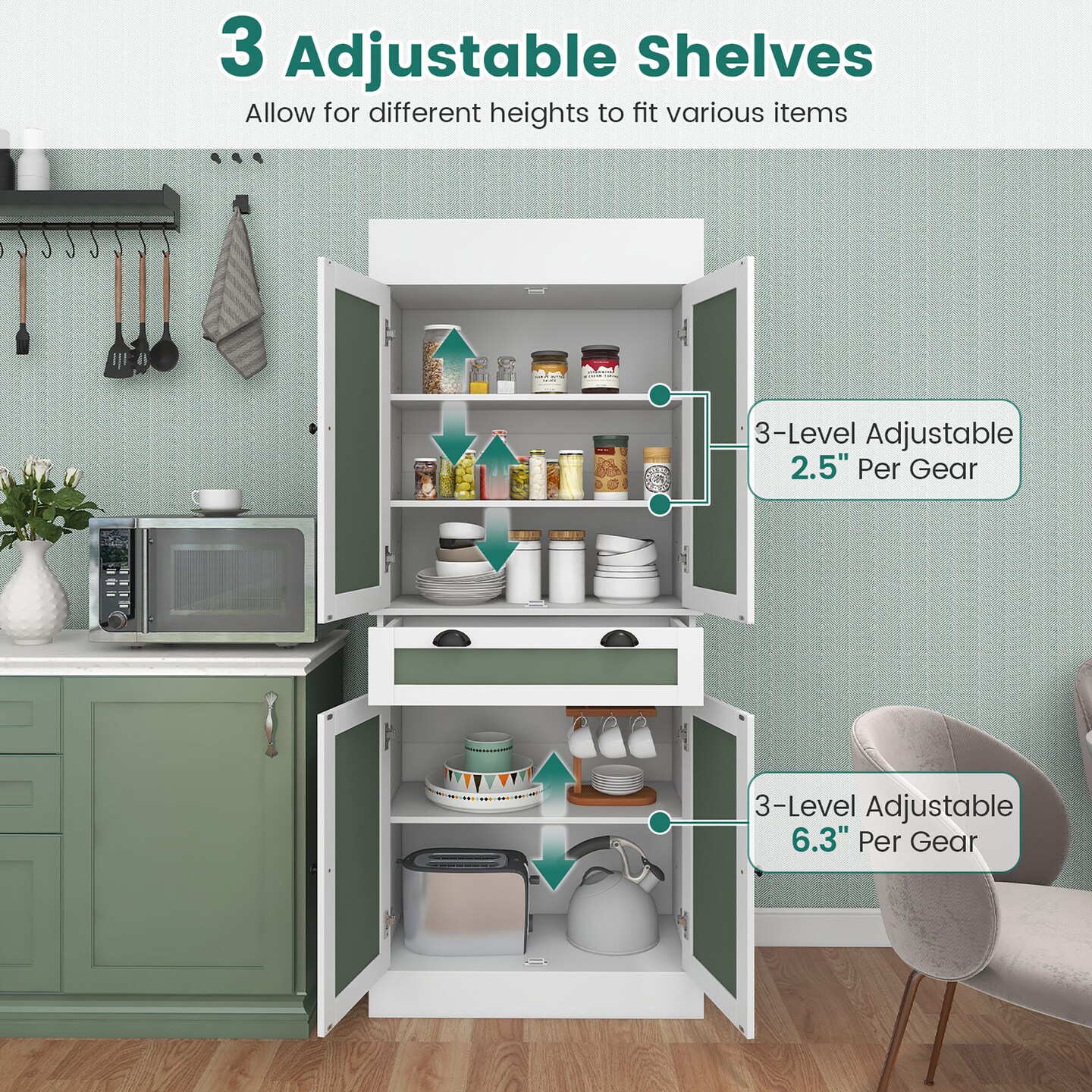 Costway 72&#x27;&#x27; Kitchen Buffet Hutch Pantry Cabinet Cupboard with 4 Doors &#x26; Adjustable Shelves