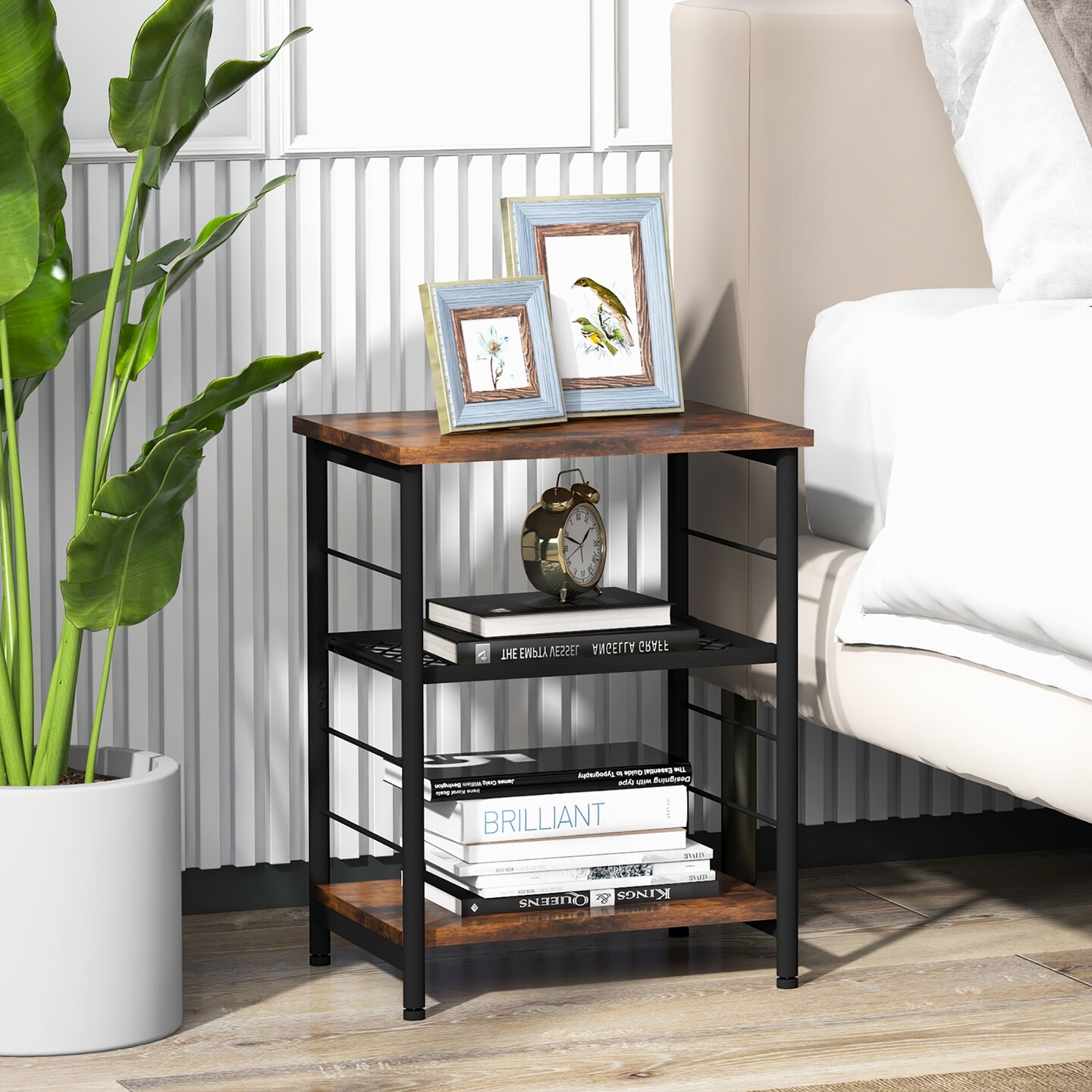 Costway 2 PCS 3-Tier Side End Table with Adjustable Mesh Shelf Narrow Nightstand