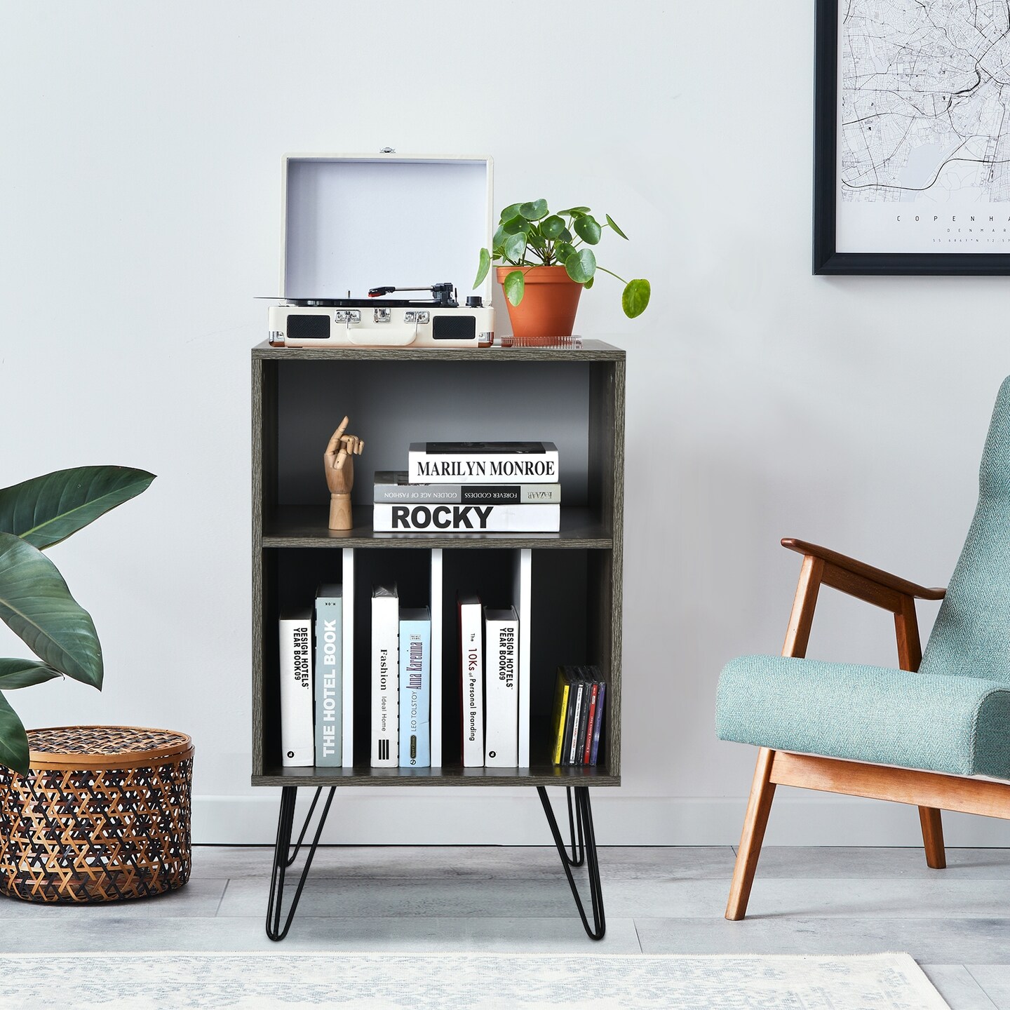 Freestanding Record Player Stand Record Storage Cabinet with Metal Legs