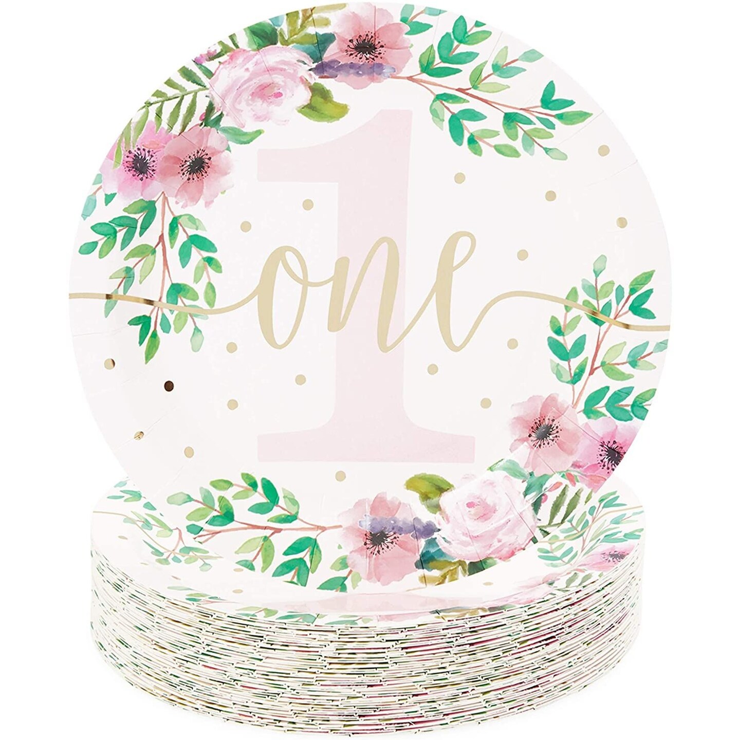 48-Pack Floral Paper Plates for Baby Girls 1st Birthday, First Birthday Decorations for Girl, One Birthday Plates, and Party Supplies for Floral Themed Celebration (9 in)
