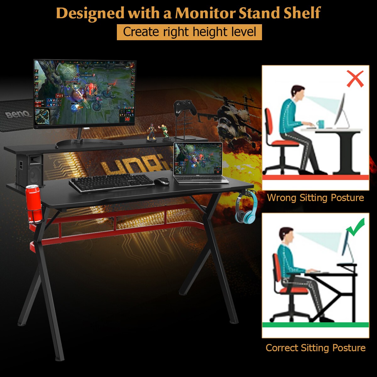 Costway Gaming Computer Desk w/ Monitor Shelf &#x26; Storage for Controller Headphone Speaker
