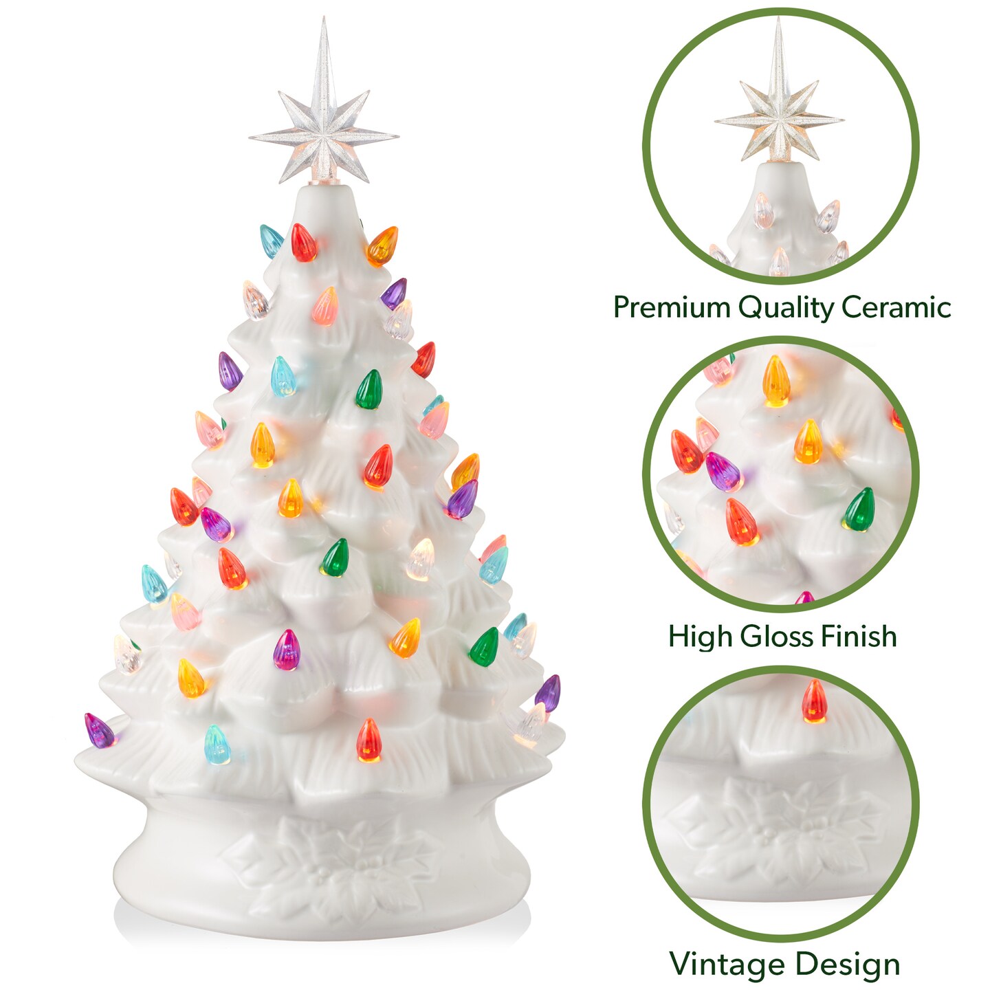 Casafield Hand Painted Ceramic Christmas Tree, White 15-Inch Pre-Lit Tree with 128 Multi Color Lights and 2 Star Toppers