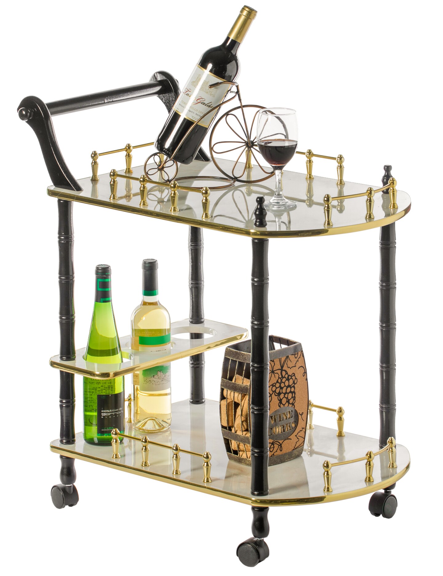 Serving Bar Cart Tea Trolley, 2 Tier Shelves on Rolling Wheels, Mobile Liquor Bar for Wine Beverage Drink Dinner Party, Utility Kitchen Storage Island Coffee Cabinet for Dining Living Room, Wood