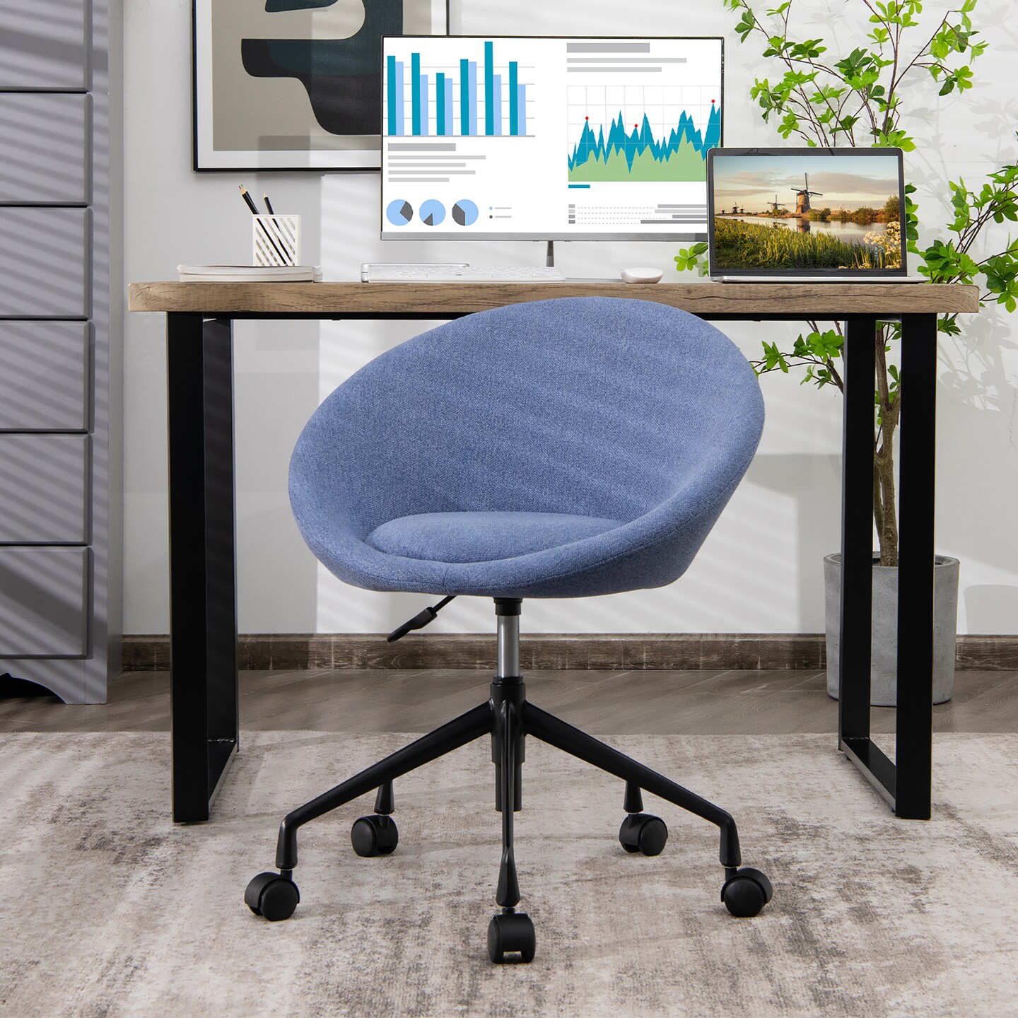 Costway Adjustable Swivel Accent Chair Linen Office Chair Round Back Vanity Chair Grey\Blue\Green