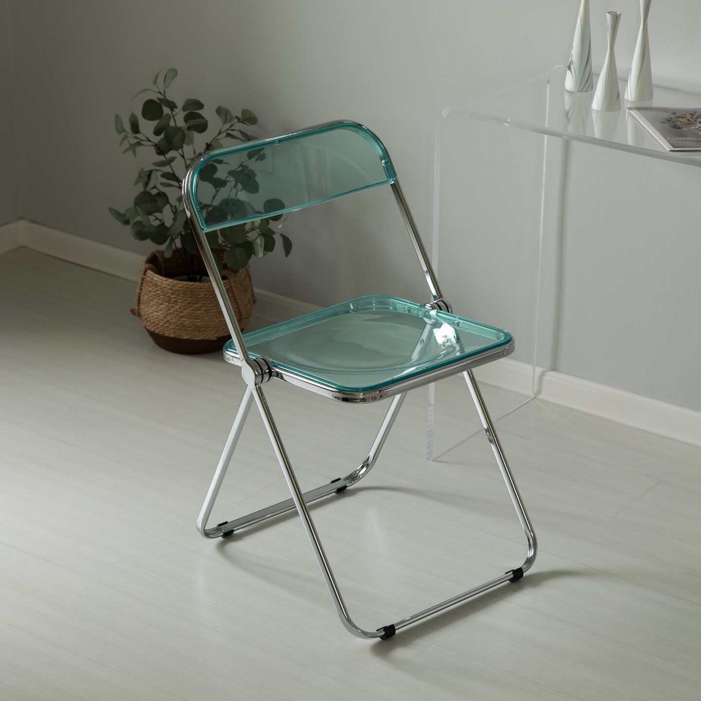 Acrylic Folding Party Transparent Chair with Double Hinged Back | Indoor Outdoor Portable Commercial Seat with Silver Metal Frame for Home, Office, Wedding Party, Picnic, and Kitchen Dining