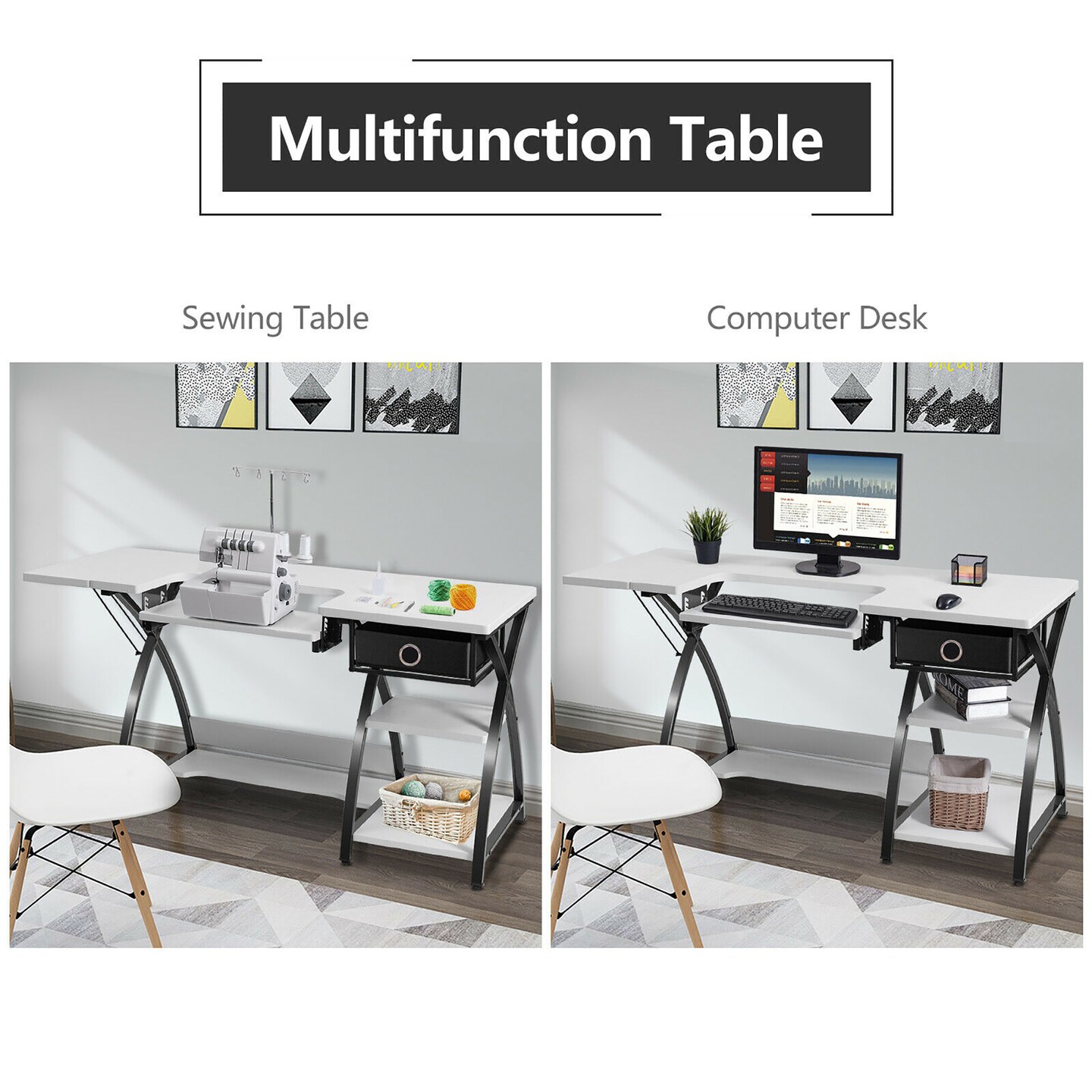 Costway Sewing Craft Table Folding Computer Desk Adjustable Platform w/ Drawer &#x26; Shleves