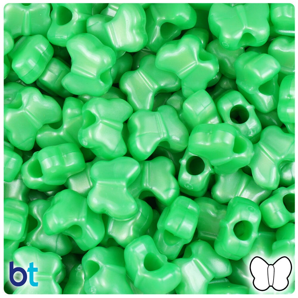 BeadTin Bright Green Pearl 13mm Butterfly Plastic Pony Beads (250pcs)