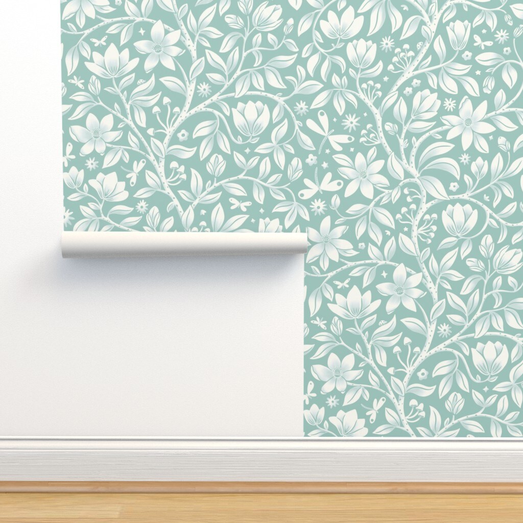 Floral Mint Green Tree Whimsical Plant Dragonflies Magnolia Soft Blue Aqua Large Scale Custom Removable Wallpaper by Spoonflower Peel & Stick Wallpaper 2FT Wide