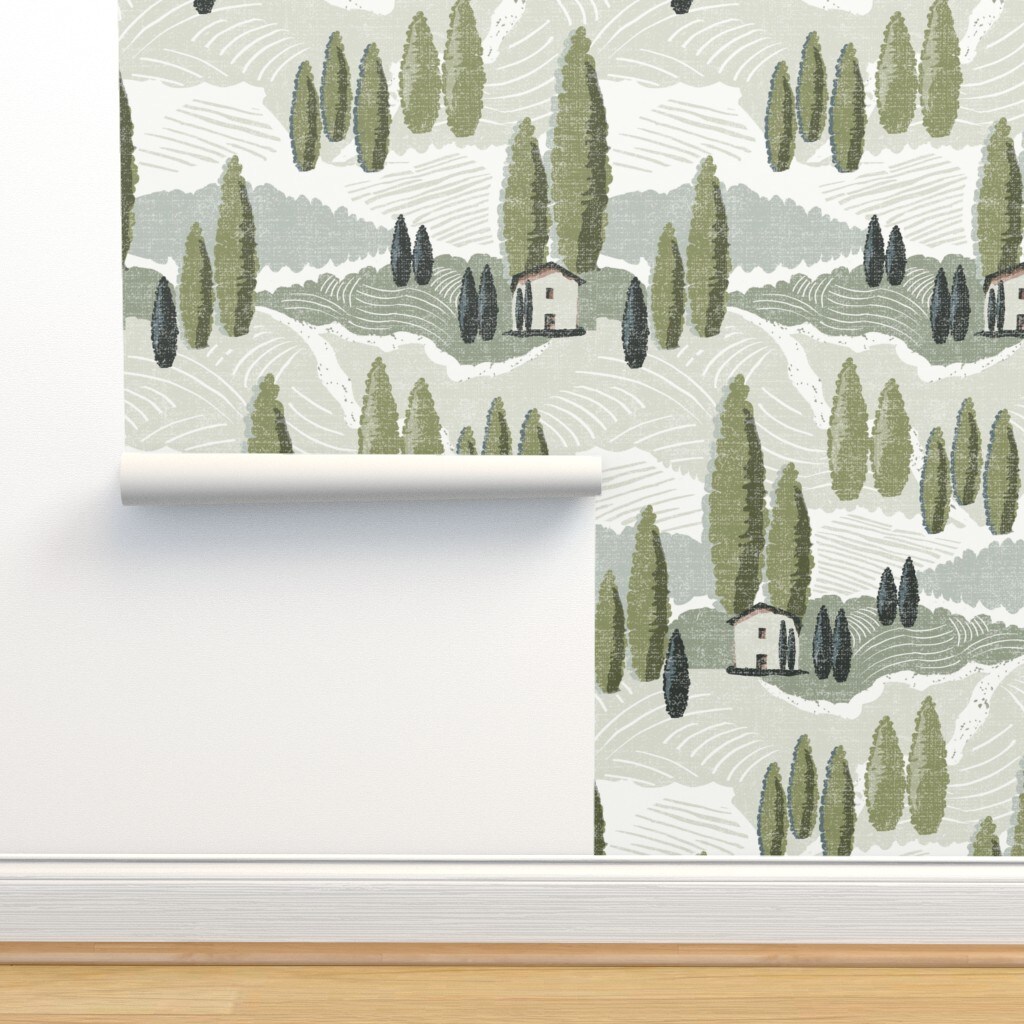 Green Italian Country Trees Landscape House Farm Olives Villa Large Scale Neutral Custom Removable Wallpaper by Spoonflower Peel & Stick Wallpaper 2FT Wide