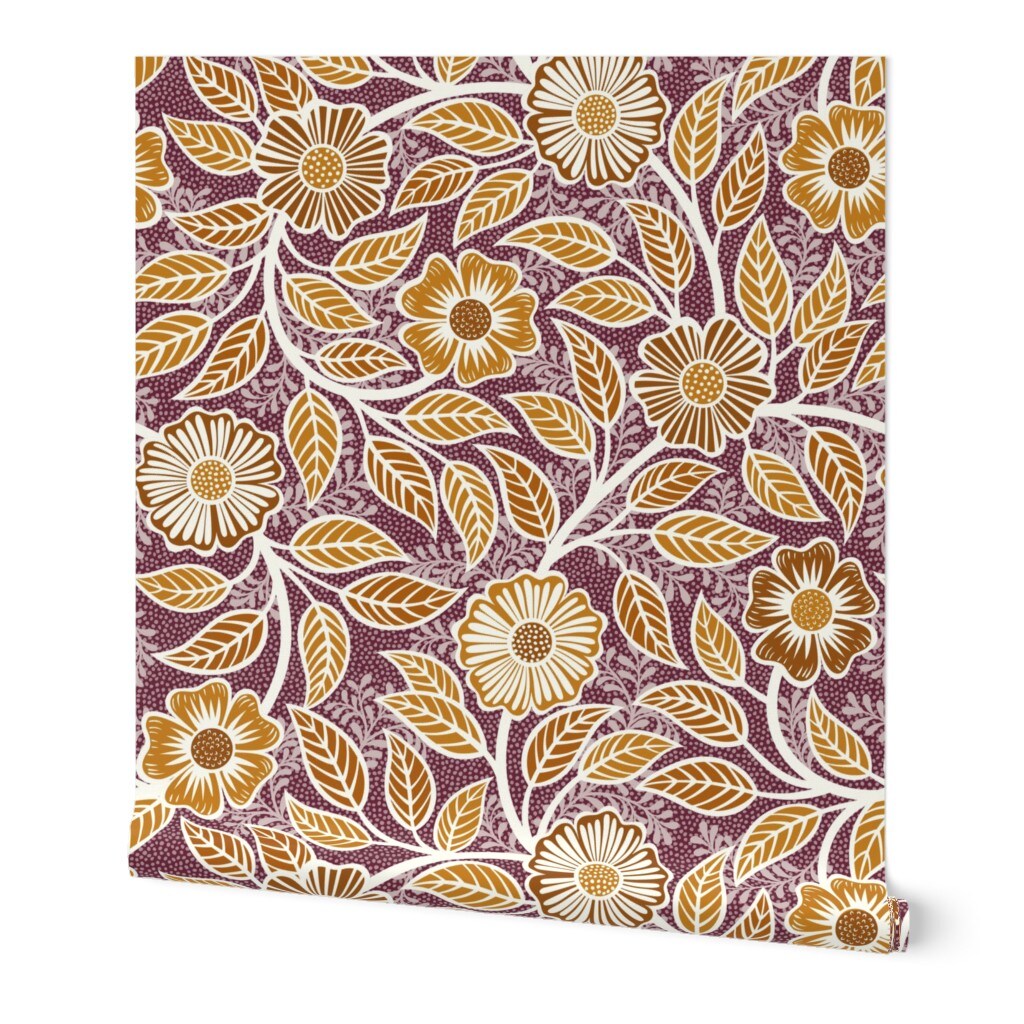 Peel &#x26; Stick Wallpaper 2FT Wide Yellow Wine Autumn Fall Floral Vintage Climbing Vines Victorian Bright Summer Large Scale Cottagecore French Country Farmhouse Art Nouveau Custom Removable Wallpaper by Spoonflower
