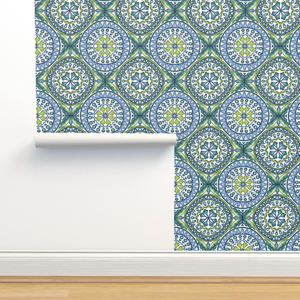 Green Blue Ocean Italian Italy Tile Sicily Sicilian Rosette Mandalas Modern Mosaic Geometric Coastal Large Scale Custom Removable Wallpaper by Spoonflower Peel & Stick Wallpaper 2FT Wide