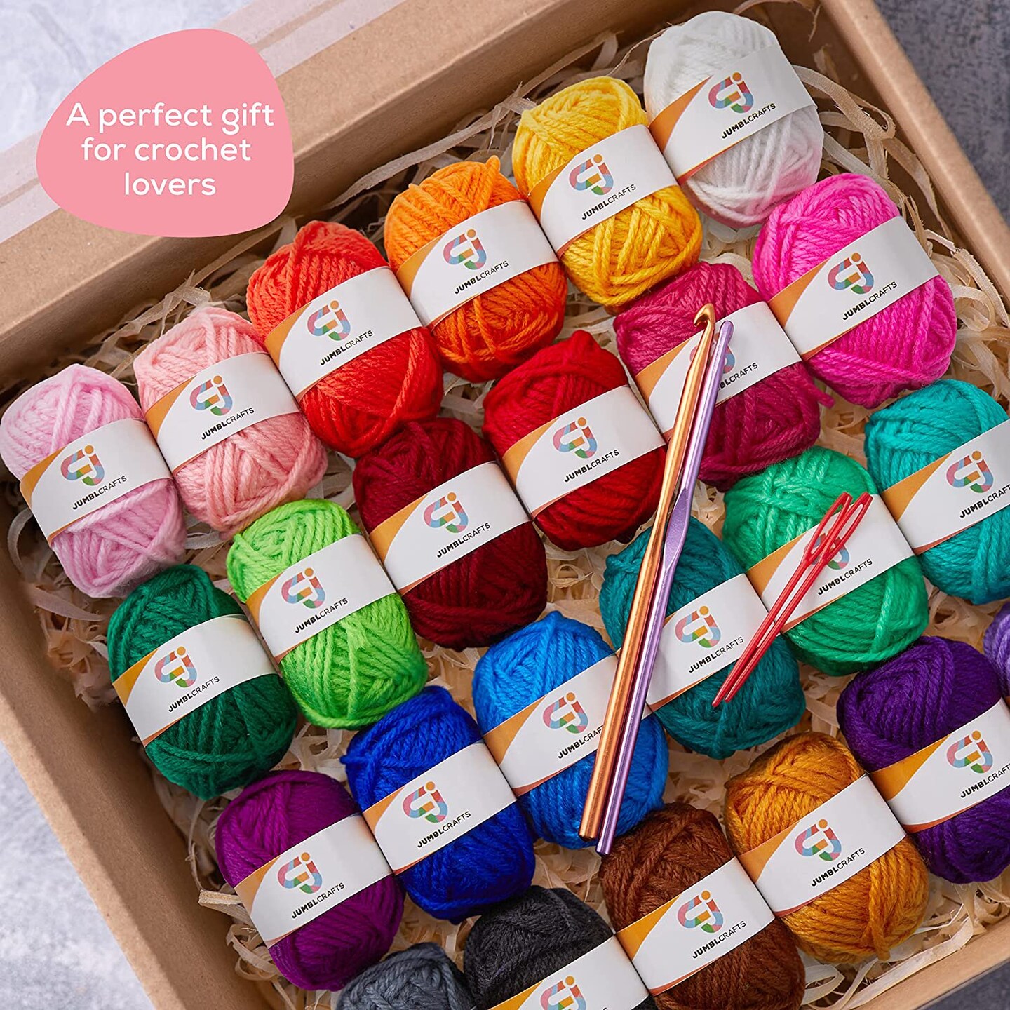 JumblCrafts 24 Yarn Crochet Kit for Beginners with 2 Crochet Hooks & 2 Weaving Needles