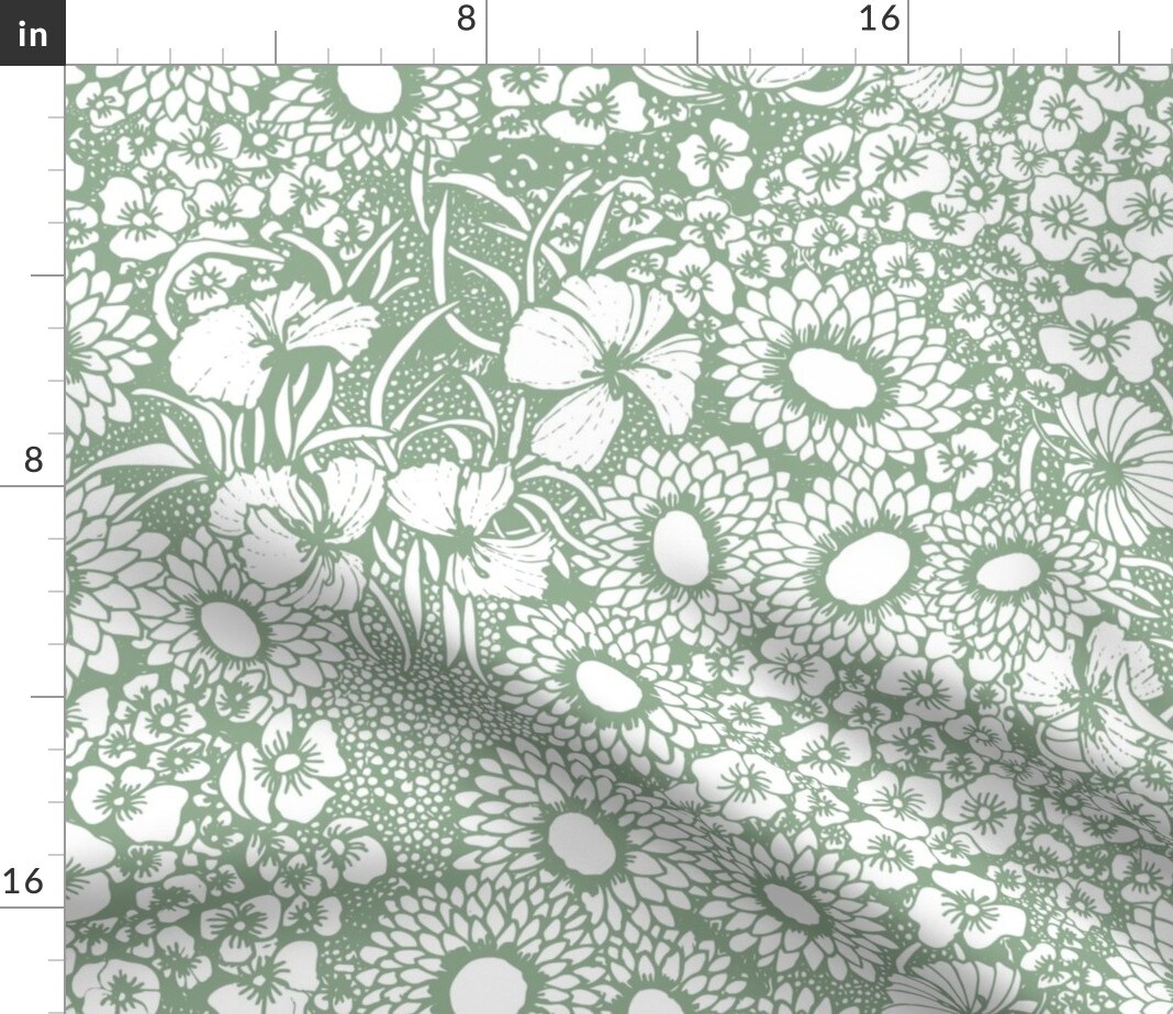 Sage Green Floral Monochrome Botanical Peaceful Nature Large Scale Custom Printed Fabric by Spoonflower Various Fabrics by the Yard or Fat Quarter