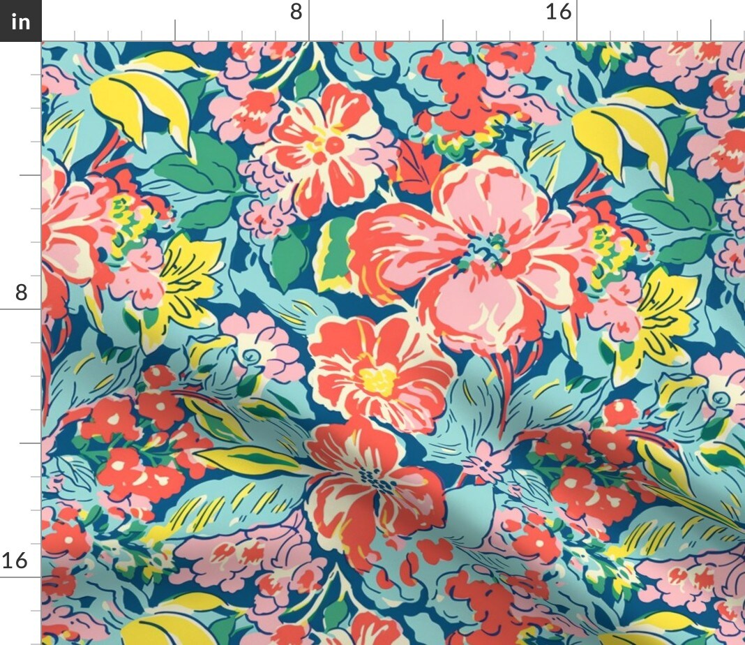 Tropical Florals Coral Flowers Island Hibiscus Pink Green Red Yellow Botanical Tropics Beach Colorful Custom Printed Fabric by Spoonflower Various Fabrics by the Yard or Fat Quarter