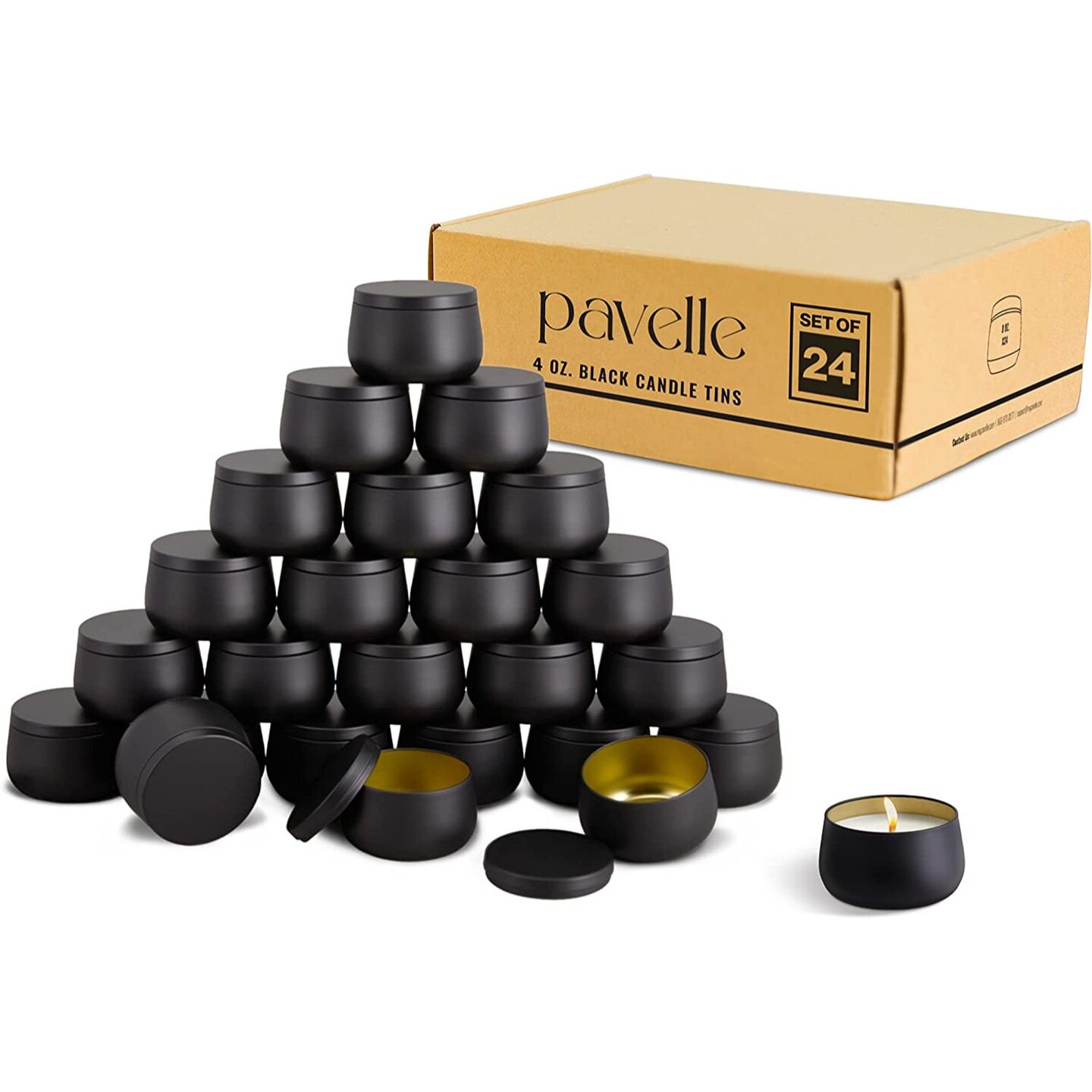 Pavelle Black Candle Container Tins, 24 Metal Tin Containers with