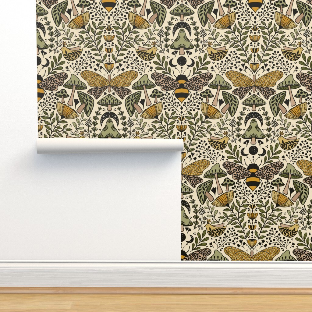 Nouveau Nature Green Yellow Butterfly Forest Plants Moth Bohemian Bee Botanical Wildlife Ecological Wild Grass Mustard Beige Custom Removable Wallpaper by Spoonflower Peel & Stick Wallpaper 2FT Wide