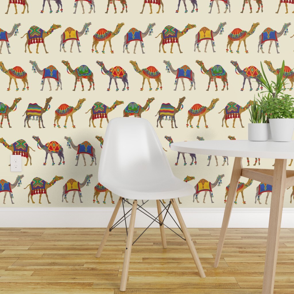 Peel &#x26; Stick Wallpaper 2FT Wide Exotic Desert Animal Camel Pom Poms Tassels Whimsical Maximalist Colorful Custom Removable Wallpaper by Spoonflower