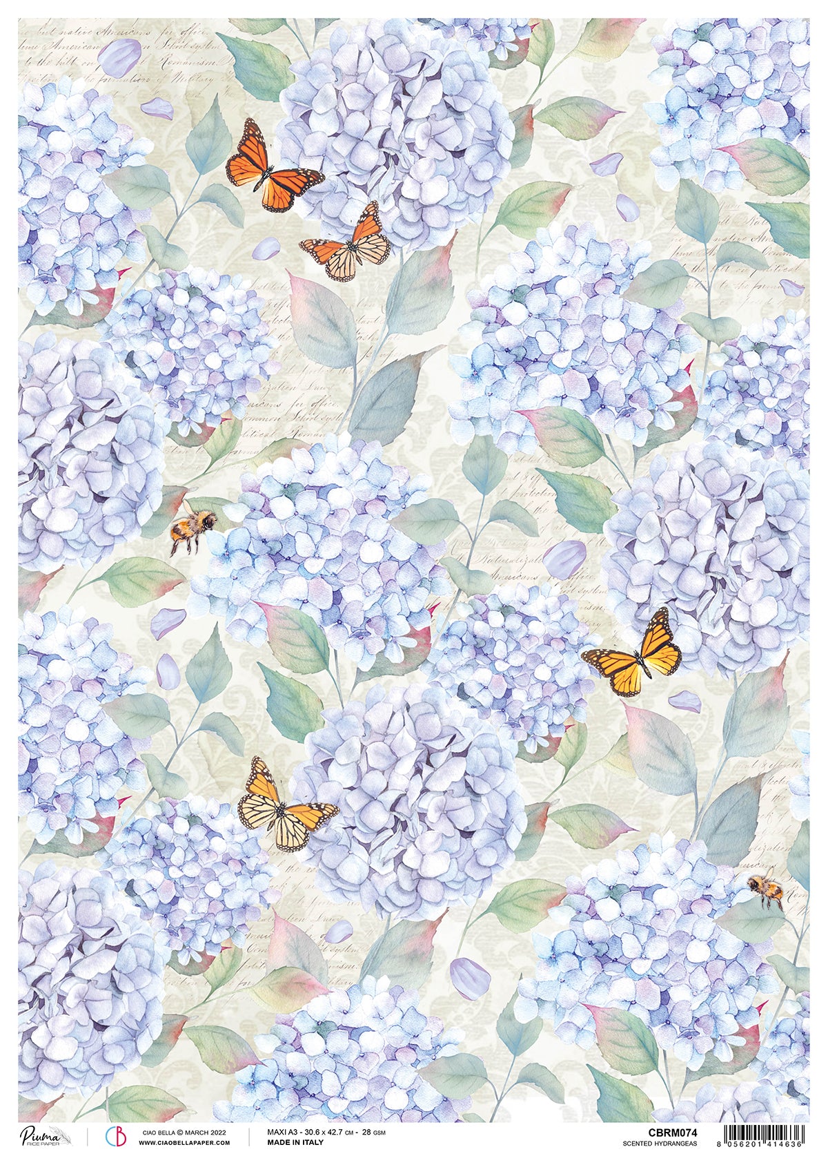 Ciao Bella  Rice Paper A3 Piuma Scented Hydrangeas - 3 Sheets