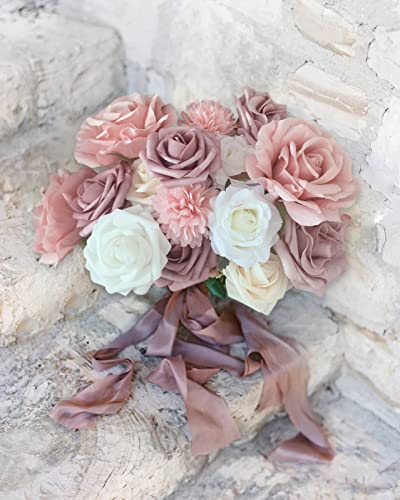 FACINOC Roses Artificial Flowers Pink Bouquet Combo Box Set Fake Flowers Bulk for DIY Bridal Wedding Shower Decorations Centerpieces for Table Fake Floral Arrangement for Party Home Decor Indoor