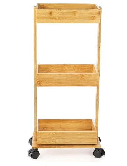Slim Storage Cart, 3-Tier Bamboo Rolling Utility Cart Standing Rack on Wheel, Mobile Shelving Unit Organizer Serving Trolley Slide Out Cart for Office, Bathroom, Kitchen, Laundry Room and Narrow Place