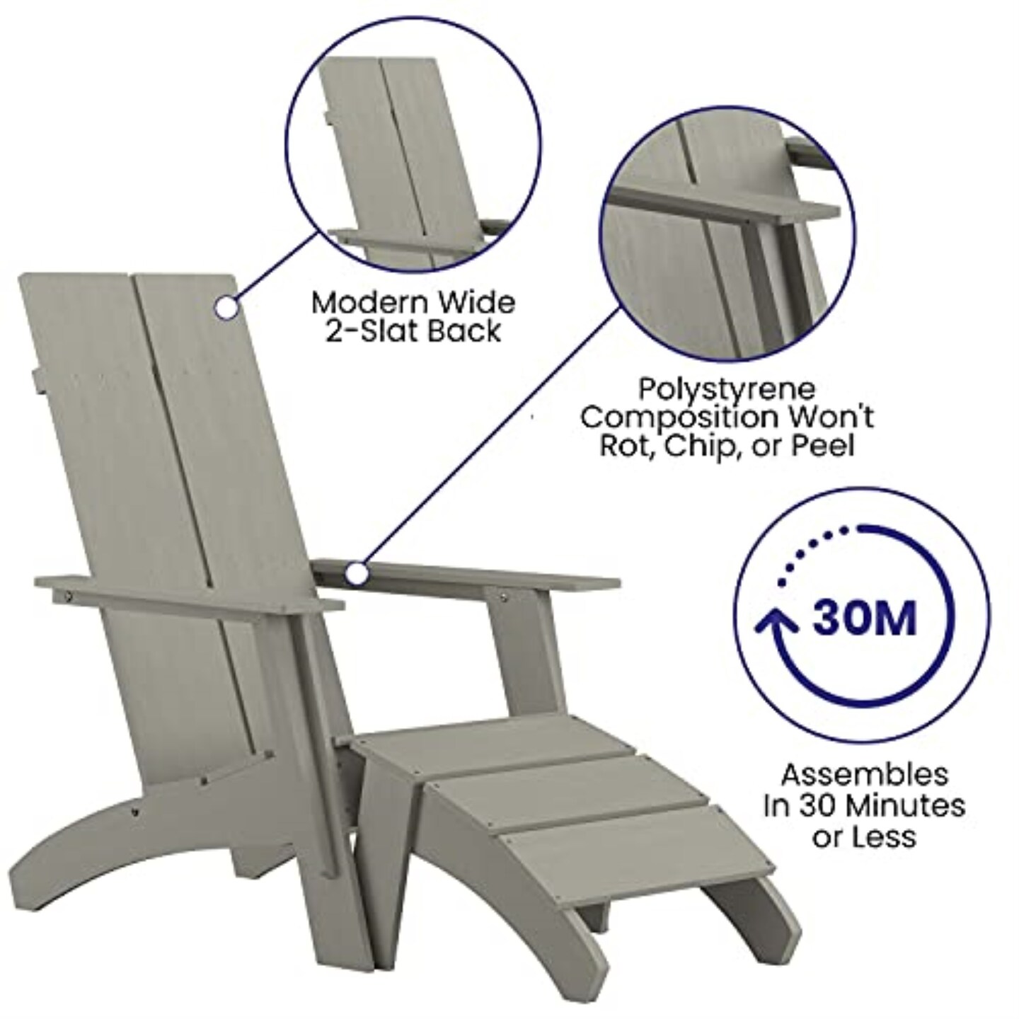 Sawyer Modern All-Weather Poly Resin Wood Adirondack Chair with Foot Restin Gray