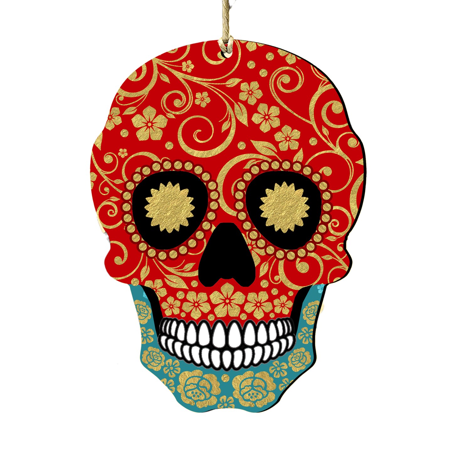 Designocracy Set of 2 Day of the Dead Decorated Skull Wooden Halloween Ornaments 5.5&#x22;