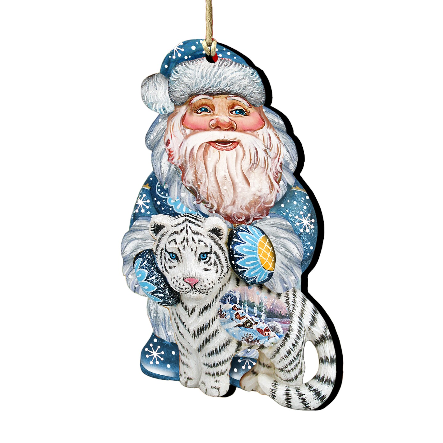 Designocracy Set of 2 Winter Santa White Tiger Wooden Christmas Ornaments 5.5&#x22;