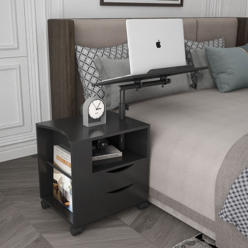 Height Adjustable Overbed End Table with Drawers and Open Shelf | Upgrade Bedside Setup