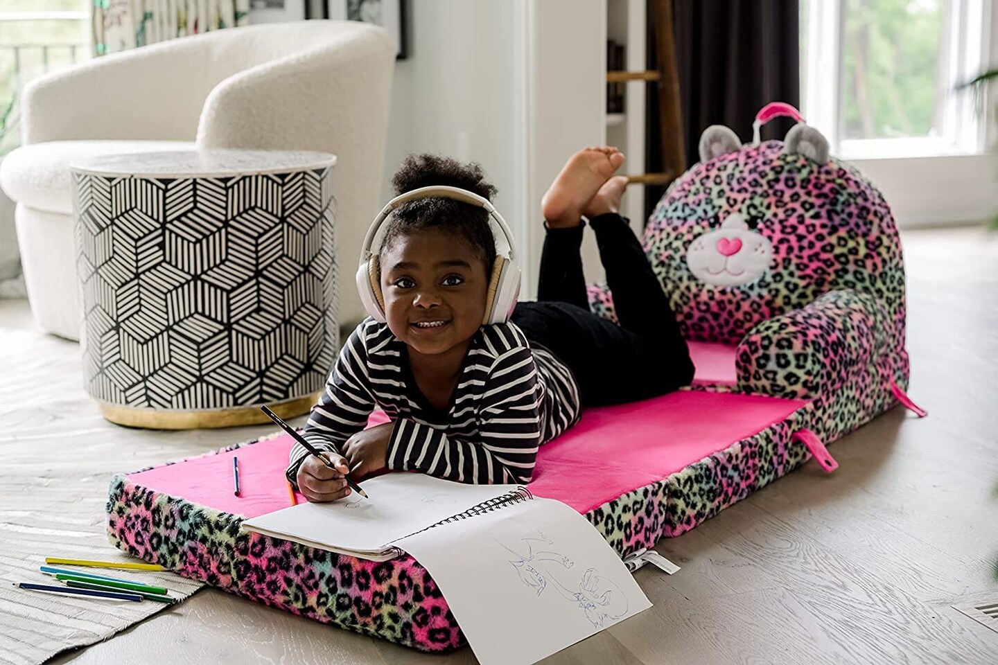 Soft Landing Elite Premium Character Sofa Seat & Transformable Fold-Out Lounger with Carrying Handle - Leopard