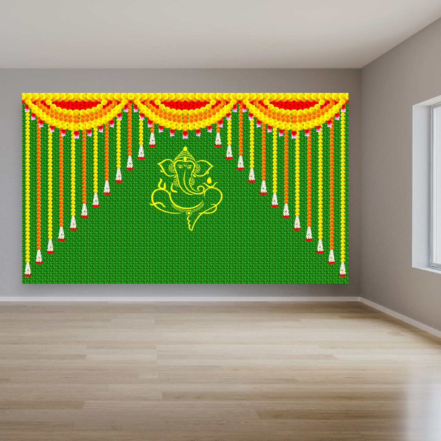 Ganesh with Marigold 5x8 Feet Backdrop Indian Traditional Cloth Ganesh Chaturthi Decor Indian Pooja Wall Decor Indian Wall Art Photo Decor Banner Decorative Pooja Cloth Wedding Favor