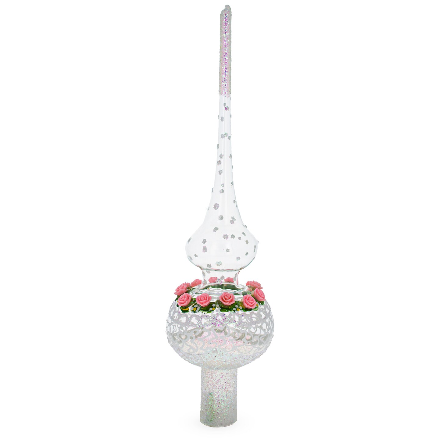 Dimensional Pink Roses on Silver Swirls and Clear Blown Glass Christmas Tree Topper 11 Inches