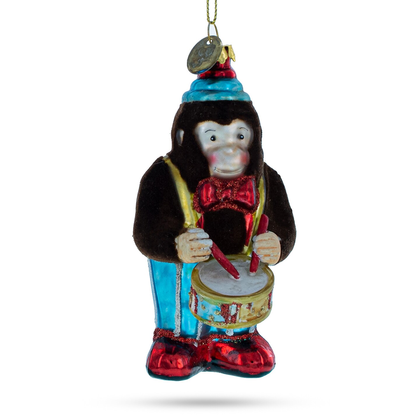 Fluffy Monkey Drumming Blown Glass Christmas Ornament