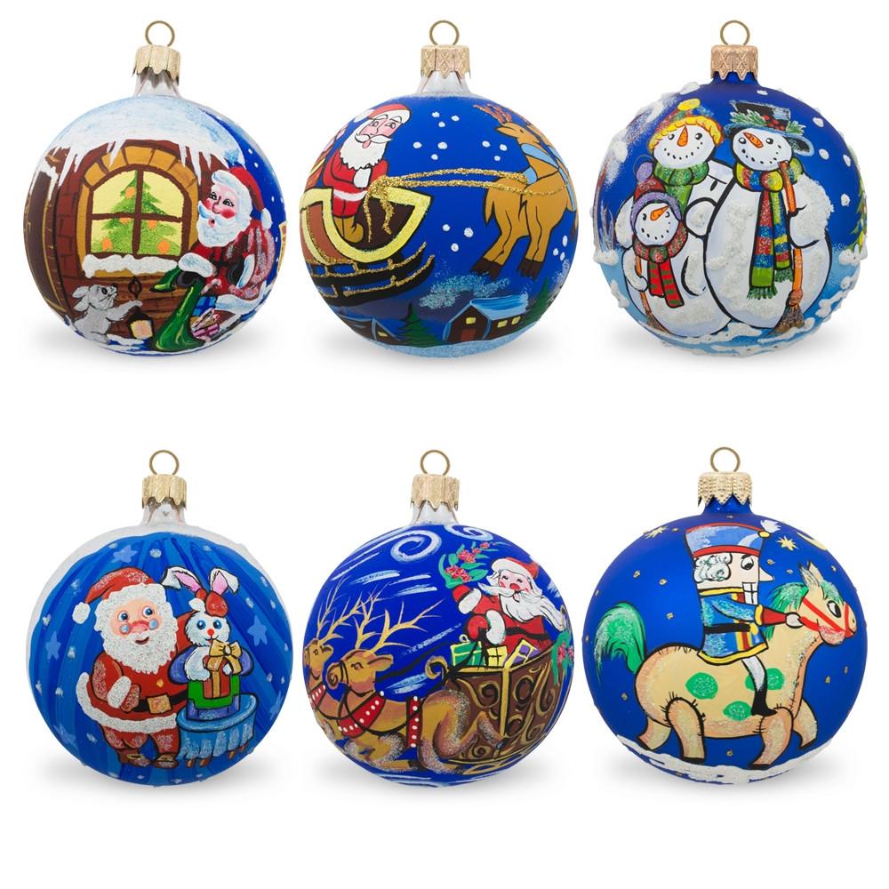 Set of 6 Santa, Reindeer, Snowman, Nutcracker, and Holiday Scenes Glass Christmas Ornaments