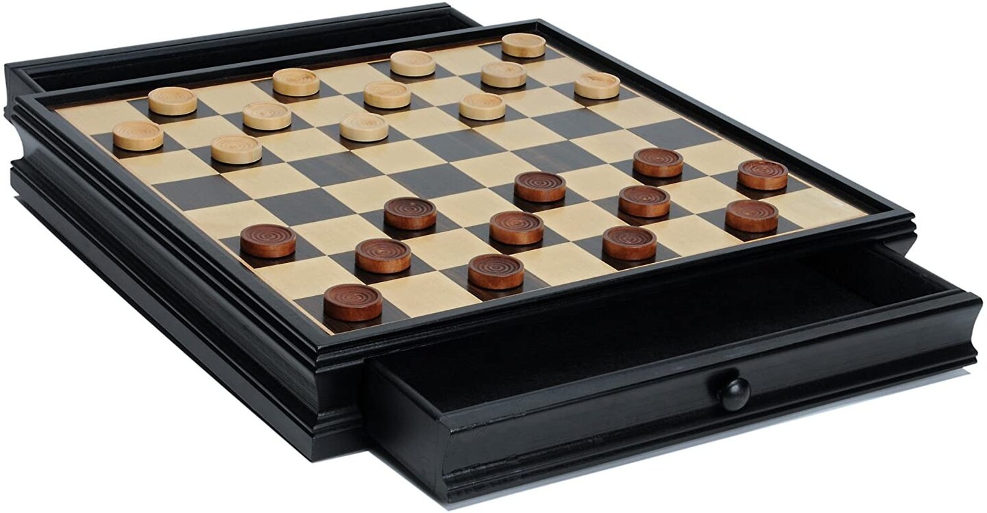 WE Games Medieval Chess &#x26; Checkers Game Set - Pewter Chessmen &#x26; Black Stained Wood Board with Storage Drawers 15 in.